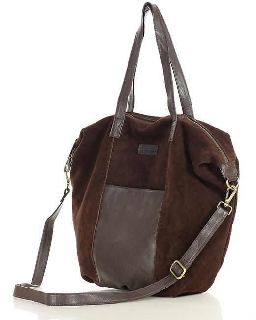 Torba skórzana zamszowa shopper z kieszeniami - It bag MARCO MAZZINI ciemny brąz