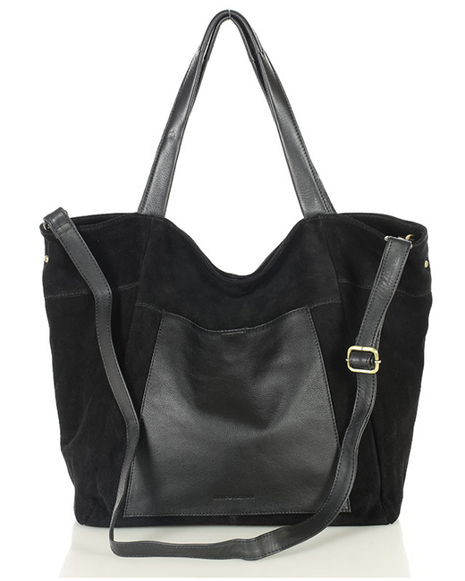 Duża torba zamszowa shopper skórzany z kieszenią - MARCO MAZZINI czarny