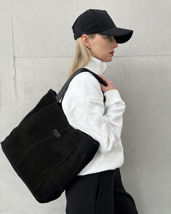 Miękka torba zamszowa skórzana shopper na ramię - MARCO MAZZINI - czarny