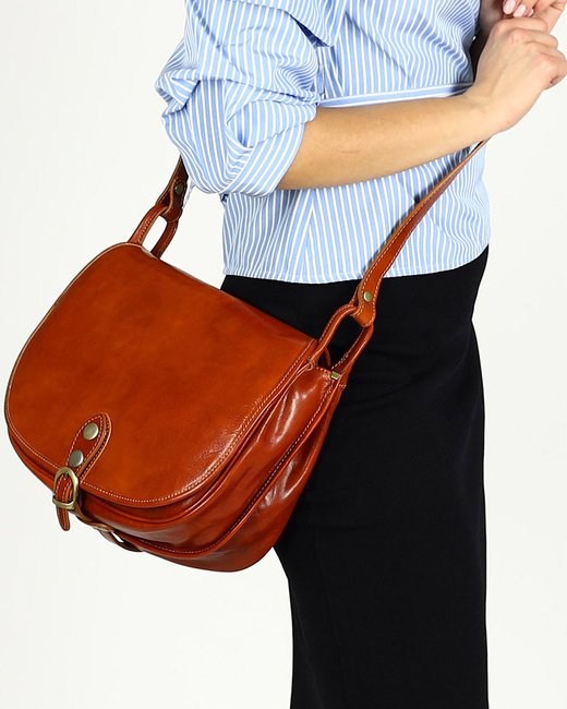 Duża włoska torebka listonoszka typu saddle bag MARCO MAZZINI - Toscania Classico camel