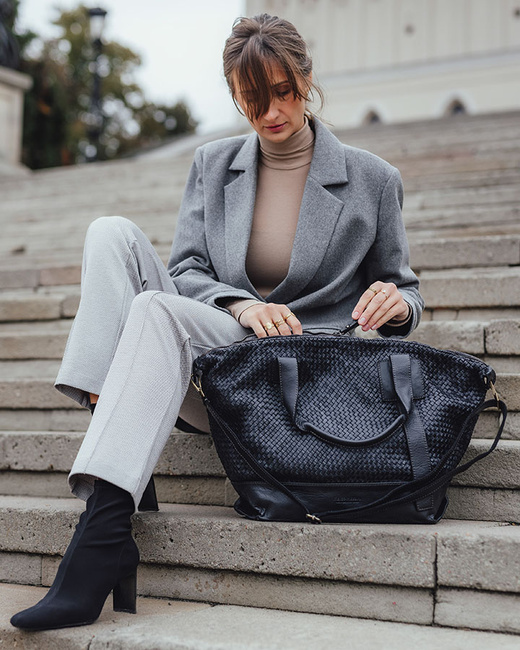 Czarna torebka pleciona shopper A4 z miękkiej włoskiej skóry Marco Mazzini