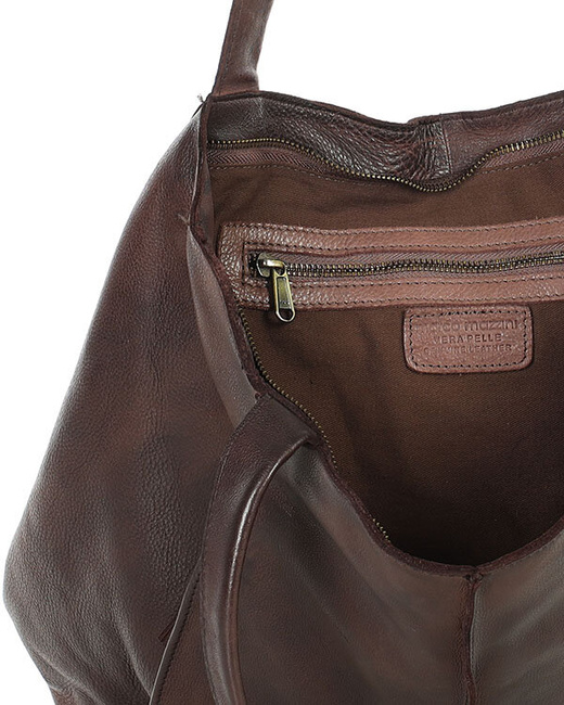 Miękka torba typu shopper skórzana na ramię - MARCO MAZZINI - ciemny brąz