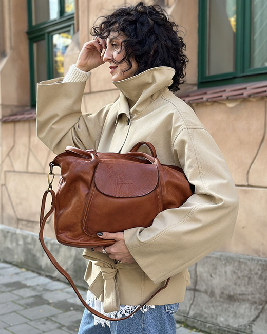 MARCO MAZZINI Torebka skórzana shopper bag ispirato dalla natura brąz camel