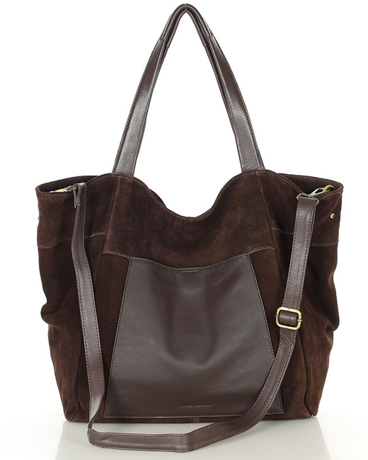 Duża torba zamszowa shopper skórzany z kieszenią - MARCO MAZZINI ciemny brąz