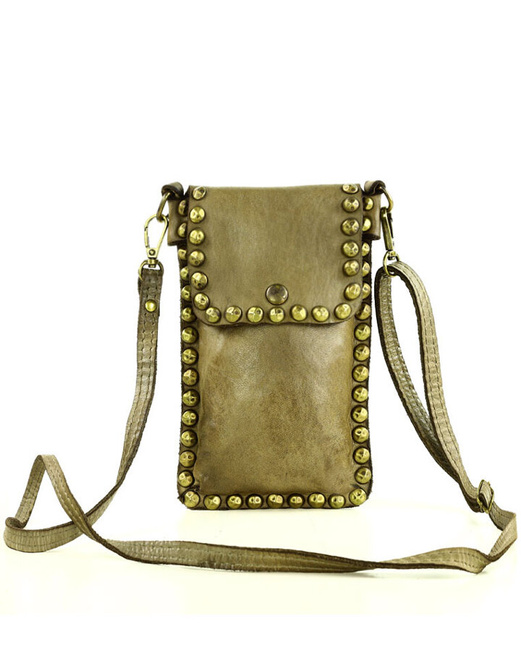 Torebka na telefon z dżetami skórzana phone case - MARCO MAZZINI beż taupe