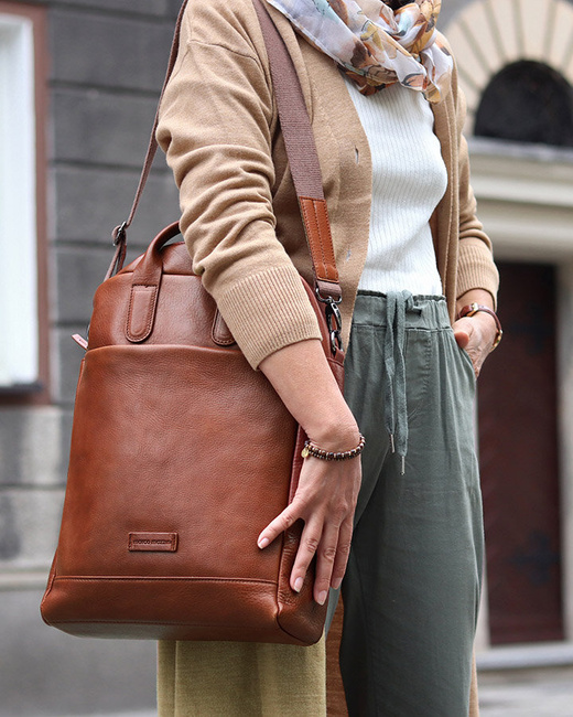 Elegancki plecak damski duży torba skórzana premium MARCO MAZZINI kamelowy