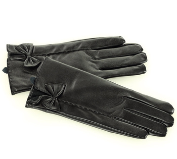 Rękawiczki damskie z eko skóry z kokardką - czarne