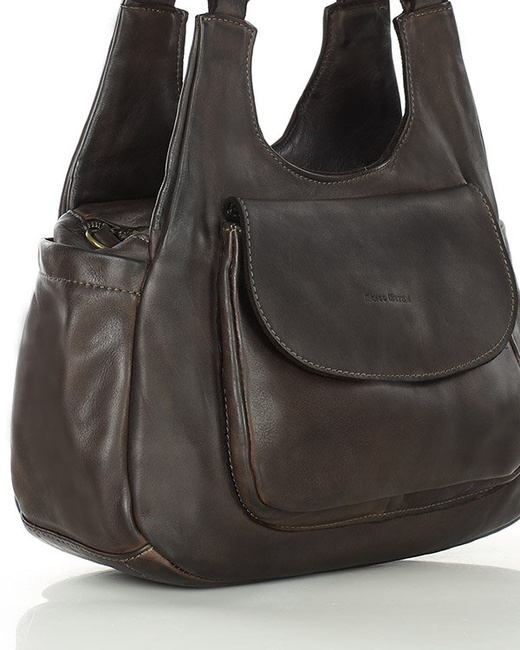 Włoska torebka skórzana z kieszenią z przodu retro bag handmade - MARCO MAZZINI ciemny brąz caffe