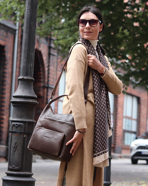 Ekskluzywna torebka skórzana premium z kieszonkami MARCO MAZZINI czekoladowy brąz