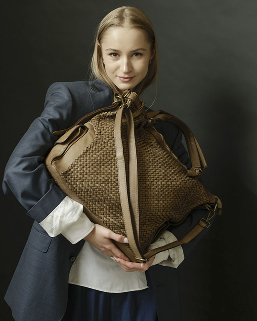 Miejska torebka regulowane raczki shopper pleciona skóra handmade MARCO MAZZINI beż