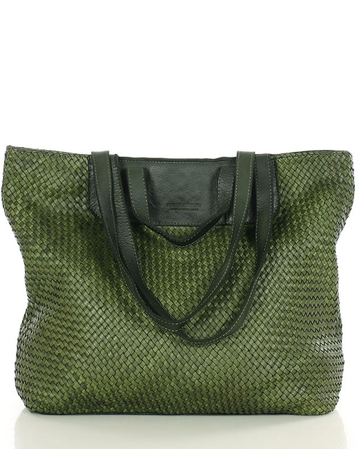 Torba damska pleciona shopper & shoulder leather bag - MARCO MAZZINI zielony militare