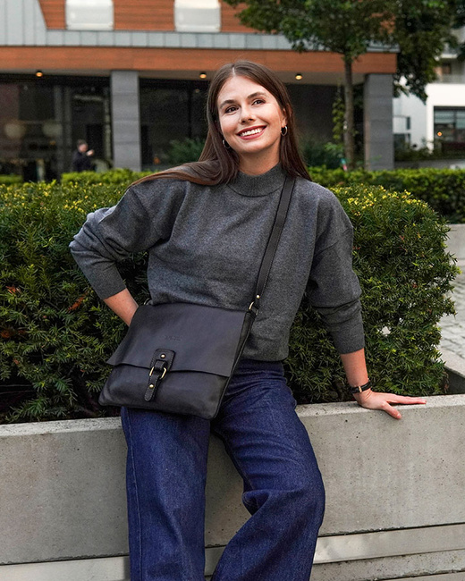 Torebka skórzana listonoszka stylowy minimalizm ala messenger leather bag - MARCO MAZZINI czarna