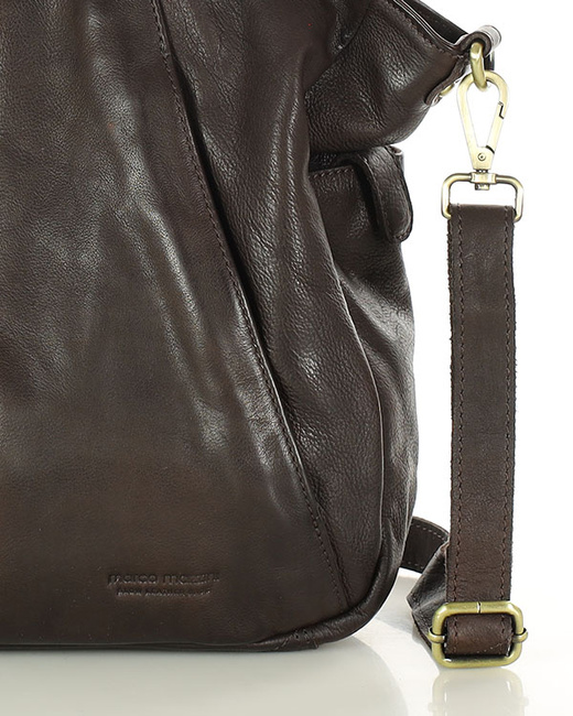 Miękka torebka skórzana shopperka na ramię - MARCO MAZZINI - ciemny brąz