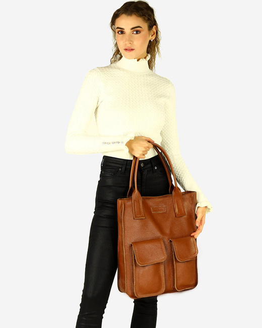 Torebka skórzany shopper bag z kieszeniami - MARCO MAZZINI brąz karmel