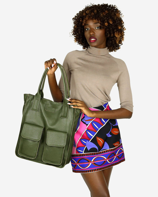 Torebka shopper z kieszeniami MAZZINI - Ravenna militarny zielony