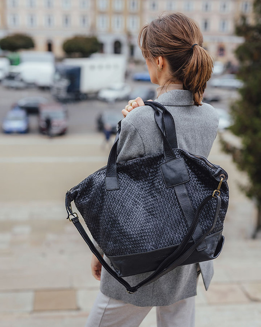 Czarna torebka pleciona shopper A4 z miękkiej włoskiej skóry Marco Mazzini