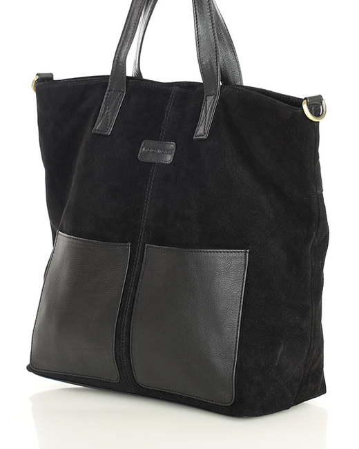 Torebka damska shopper duża zamszowa z kieszonkami – MARCO MAZZINI czarna