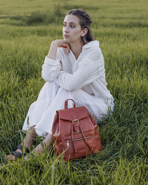 Plecak brązowy damski z kieszenią skóra naturalna - MARCO MAZZINI brąz whisky