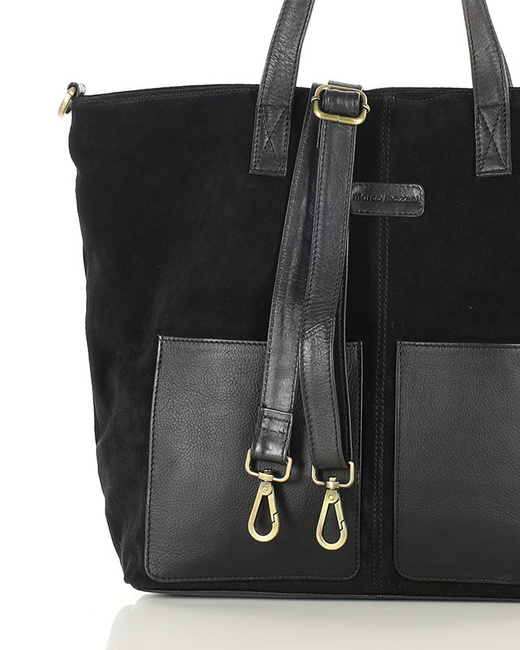 Torebka damska shopper duża zamszowa z kieszonkami – MARCO MAZZINI czarna