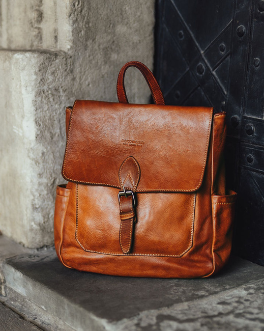 Plecak skórzany handmade z kieszeniami - MARCO MAZZINI brąz camel