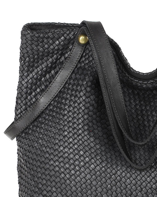 Duża torebka pleciona shopperka ze skóry - MARCO MAZZINI czarna