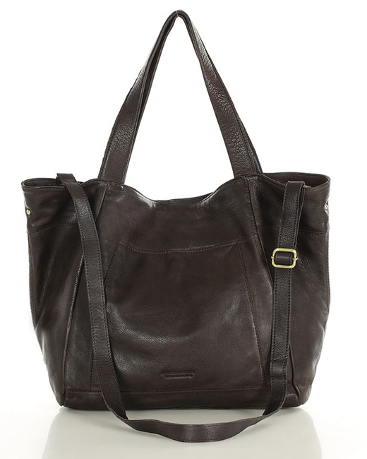 Duża skórzana torebka shopper z kieszenią - MARCO MAZZINI czekoladowy brąz