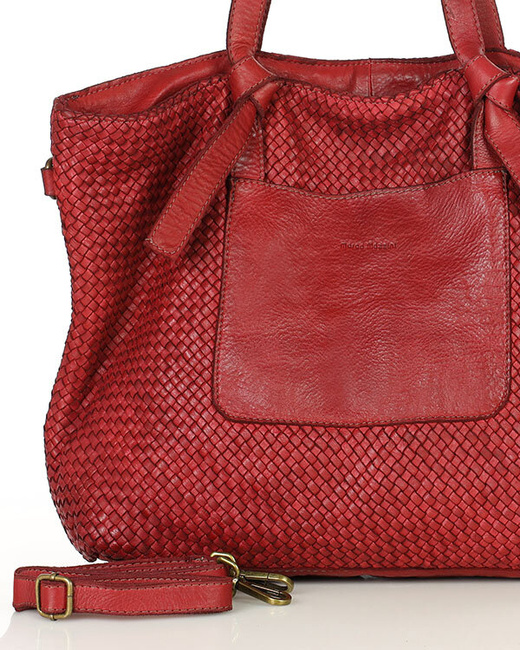 Oryginalna torebka pleciona damska skórzany shopper bag - MARCO MAZZINI bordowy czerwony