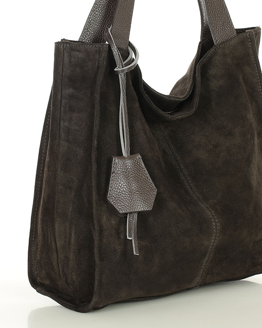 Ciemnobrązowa torba zamszowa ze skóry typu shopper - MARCO MAZZINI