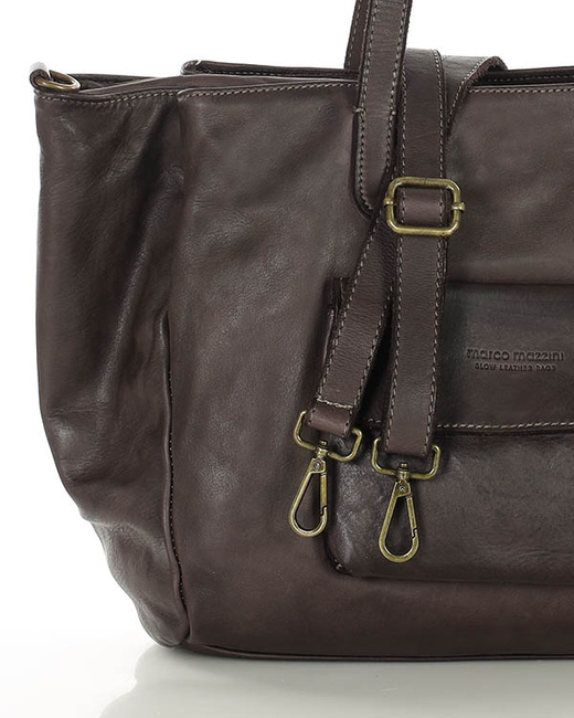 Torebka damska trzykomorowa shopperka skórzana - MARCO MAZZINI ciemny brąz
