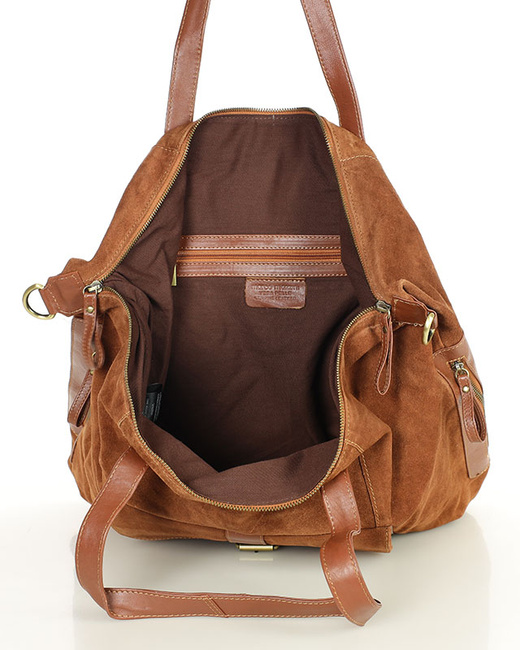 Duża brązowa shopperka zamszowa skórzana z kieszenią – MARCO MAZZINI