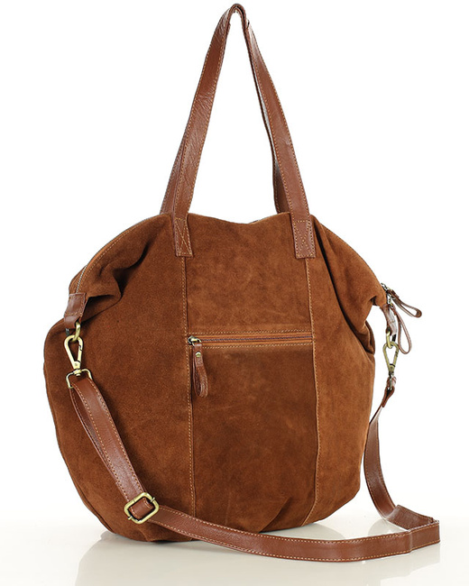 Torba skórzana zamszowa shopper z kieszeniami - It bag MARCO MAZZINI brązowy