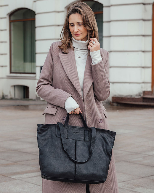 Duża torba shopper skórzana podwójne rączki - MARCO MAZZINI czarna