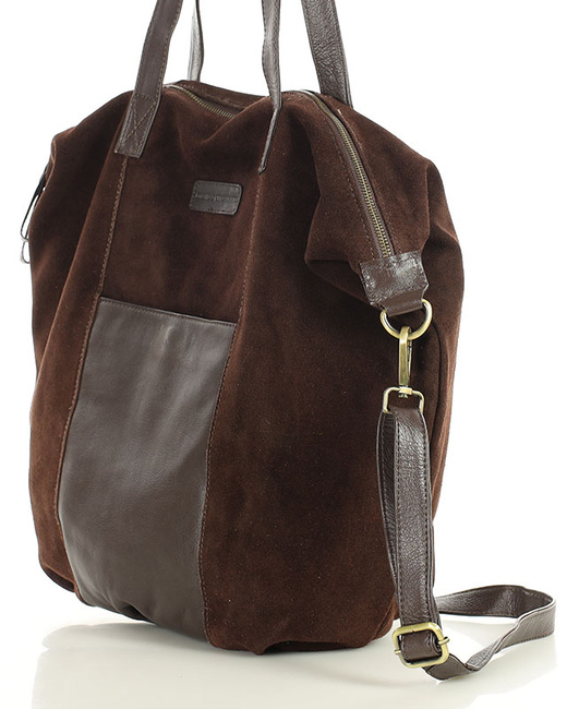 Torba skórzana zamszowa shopper z kieszeniami - It bag MARCO MAZZINI ciemny brąz