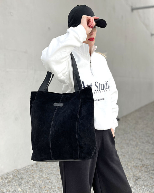 Miękka torba zamszowa skórzana shopper na ramię - MARCO MAZZINI - czarny