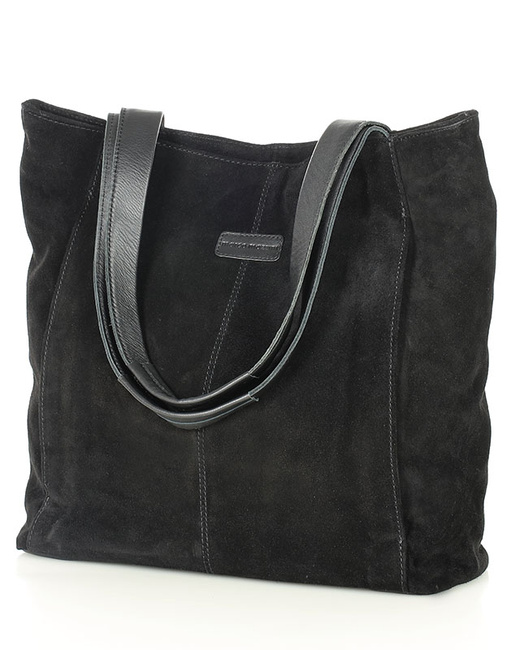 Miękka torba zamszowa skórzana shopper na ramię - MARCO MAZZINI - czarny