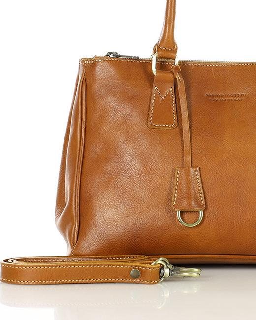 Torebka skórzana dwukomorowa kuferek premium - MARCO MAZZINI camelowy