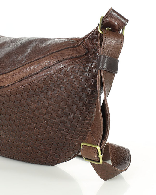 Duża torebka nerka półksiężyc skóra pleciona - MARCO MAZZINI czekoladowy brąz