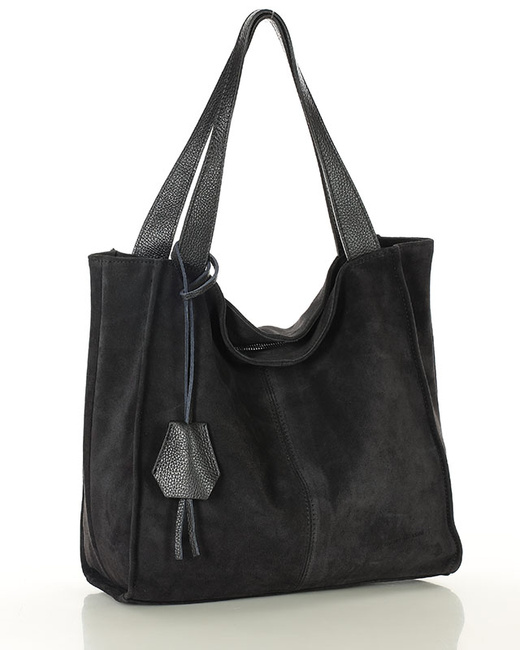 Czarna torba zamszowa ze skóry typu shopper - MARCO MAZZINI