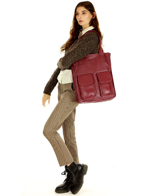 Torebka skórzany shopper bag z kieszeniami - MARCO MAZZINI ciemny czerwony