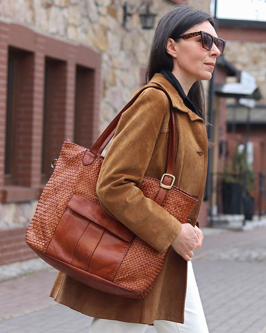 Duża torebka pleciona na ramię shopperka skórzana - MARCO MAZZINI brąz camel