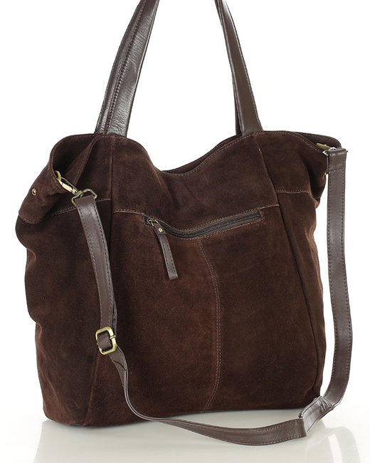 Duża torba zamszowa shopper skórzany z kieszenią - MARCO MAZZINI ciemny brąz