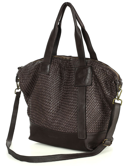 Ciemnobrązowa torebka pleciona shopper A4 z miękkiej włoskiej skóry Marco Mazzini