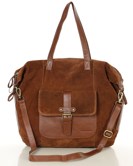 Duża brązowa shopperka zamszowa skórzana z kieszenią – MARCO MAZZINI