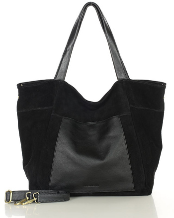 Duża torba zamszowa shopper skórzany z kieszenią - MARCO MAZZINI czarny