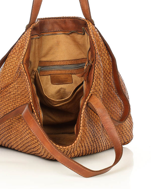 Duża torebka pleciona shopperka ze skóry - MARCO MAZZINI camelowa