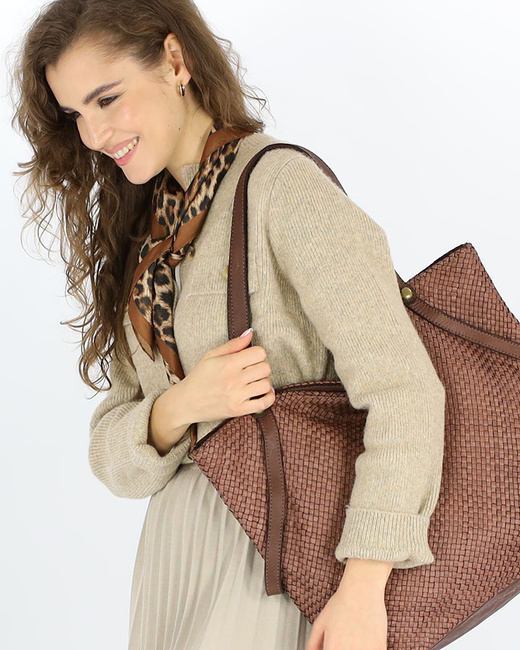 Duża torebka pleciona shopperka ze skóry - MARCO MAZZINI brązowa