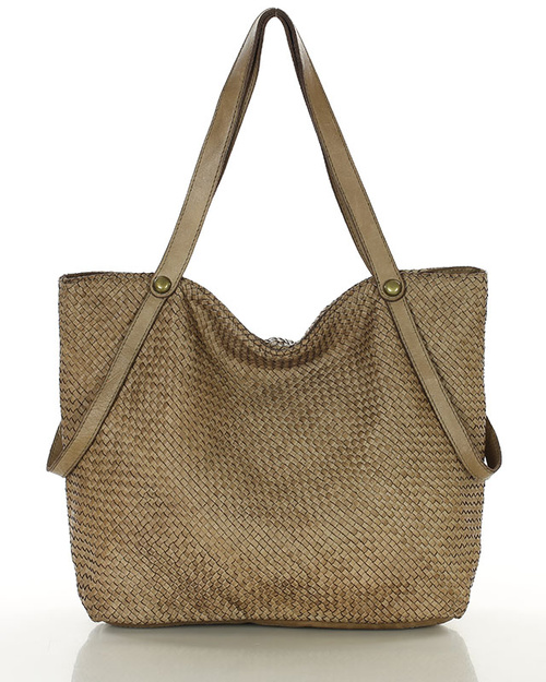 Duża torebka pleciona shopperka ze skóry - MARCO MAZZINI beżowa