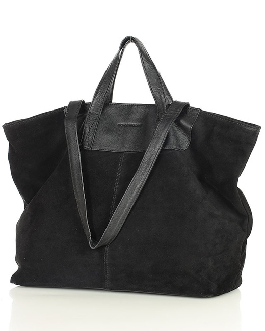 Duża torba zamszowa skórzana podwójne rączki - MARCO MAZZINI czarna