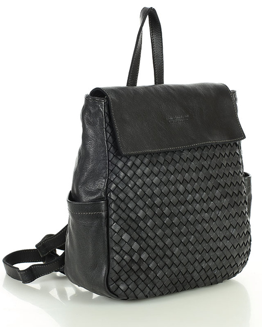 Plecak damski skórzany pleciony z kieszeniami A4 - MARCO MAZZINI czarny