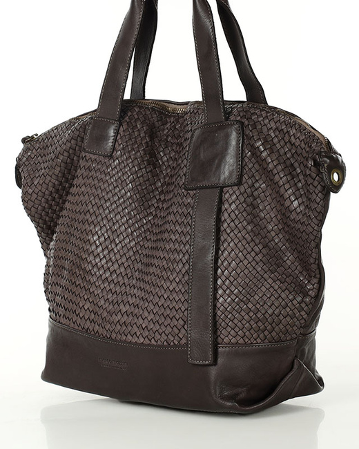 Ciemnobrązowa torebka pleciona shopper A4 z miękkiej włoskiej skóry Marco Mazzini